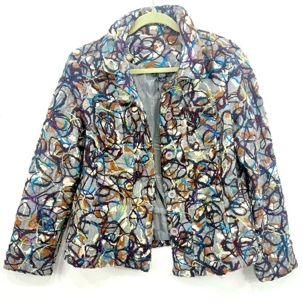 KakTus Gray Colorful All Over Yarn Embellished Button Front Blazer Jacket - Picture 2 of 16